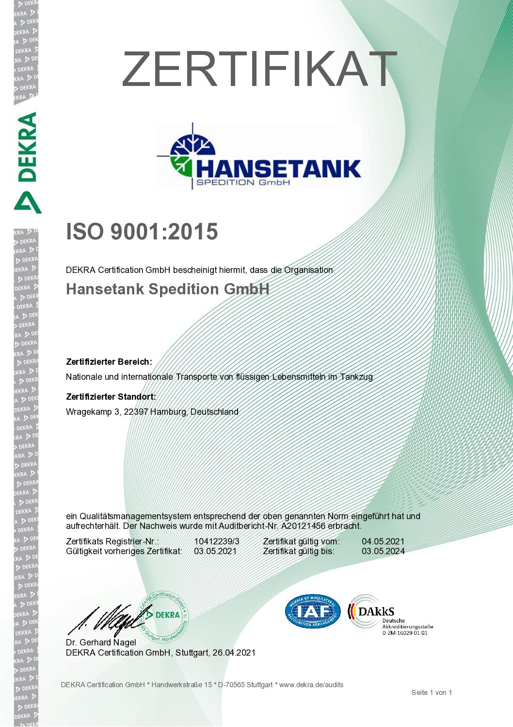 Hansetank - ISO 9001-2015 Zertifikat 2021-2024 deutsch